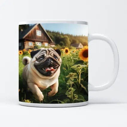 Happy Pug Running Through Sunflower Field