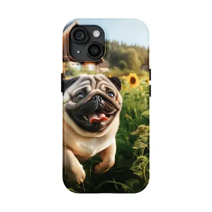 Happy Pug Running Through Sunflower Field