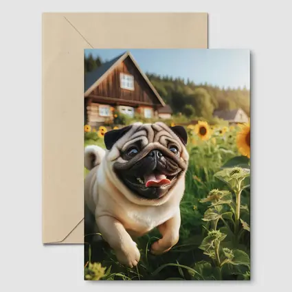 Happy Pug Running Through Sunflower Field