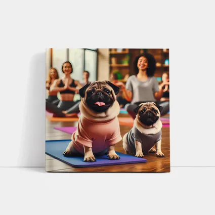 Pugs Doing Yoga in Fitness Studio