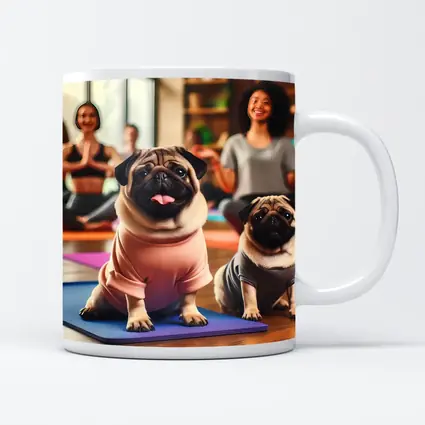 Pugs Doing Yoga in Fitness Studio