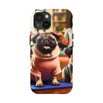 Pugs Doing Yoga in Fitness Studio