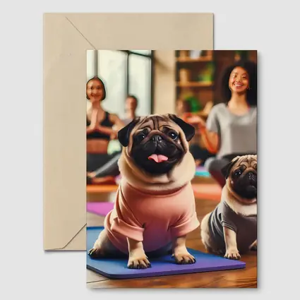 Pugs Doing Yoga in Fitness Studio