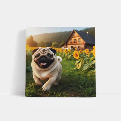 Happy Pug Running Through Sunflower Field