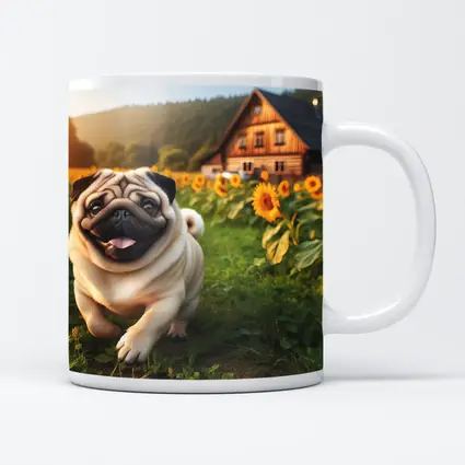 Happy Pug Running Through Sunflower Field