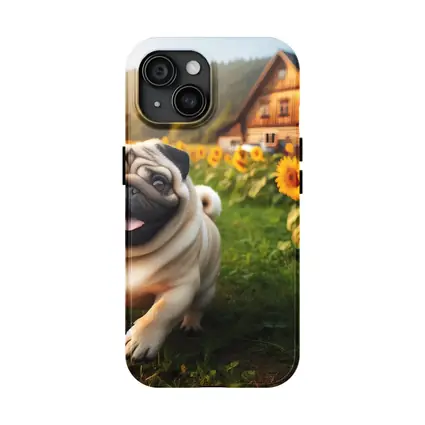 Happy Pug Running Through Sunflower Field