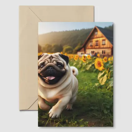 Happy Pug Running Through Sunflower Field