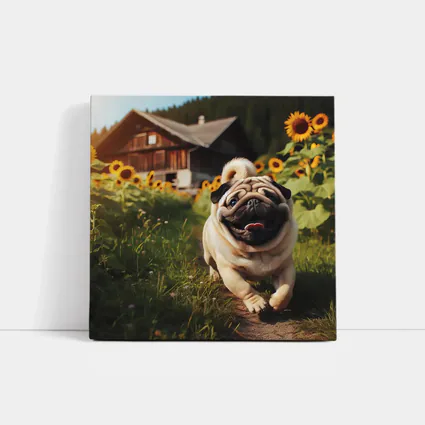 Happy Pug Running Through Sunflower Field
