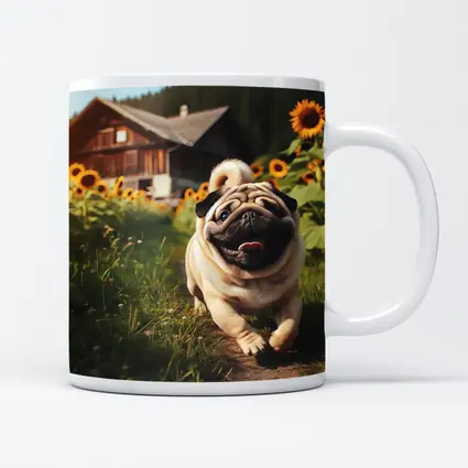Happy Pug Running Through Sunflower Field