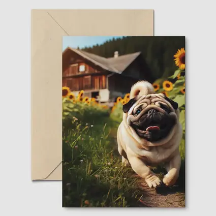 Happy Pug Running Through Sunflower Field