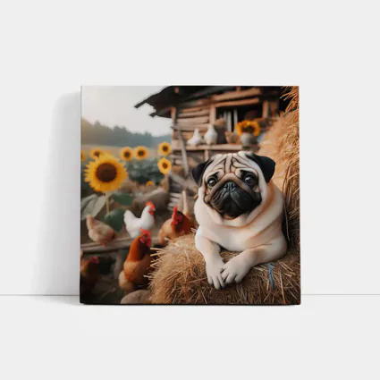 Pug Dog Resting on Farm Hay Bale