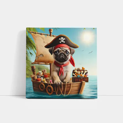 Pug Puppy Pirate Captain On Wooden Boat
