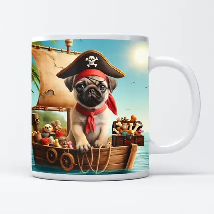 Pug Puppy Pirate Captain On Wooden Boat