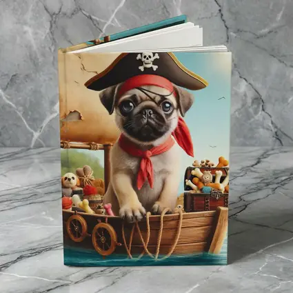 Pug Puppy Pirate Captain On Wooden Boat