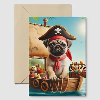 Pug Puppy Pirate Captain On Wooden Boat