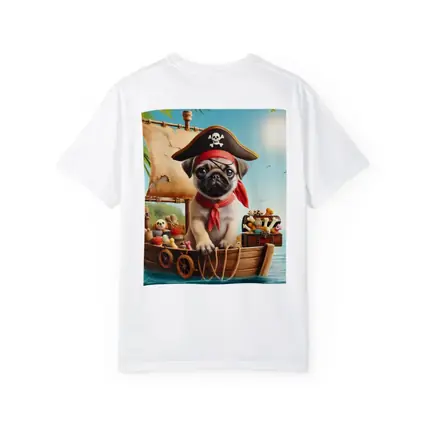 Pug Puppy Pirate Captain On Wooden Boat