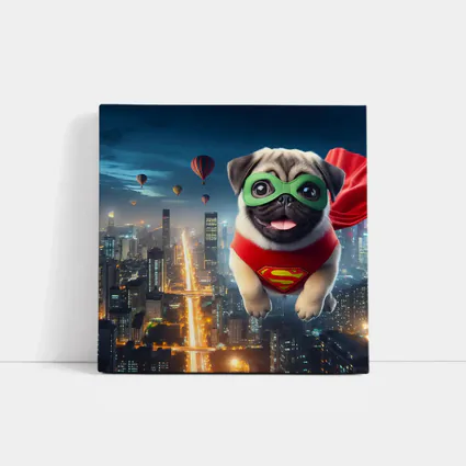 Superhero Pug Flying Over City Night