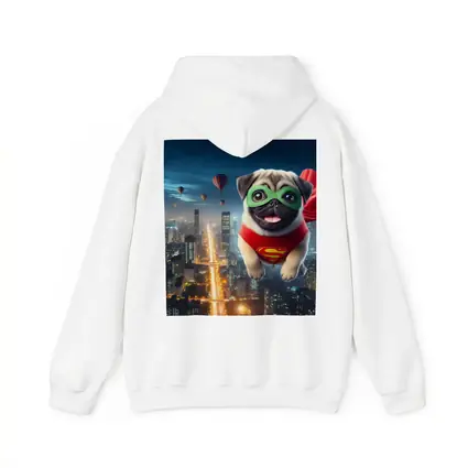 Superhero Pug Flying Over City Night