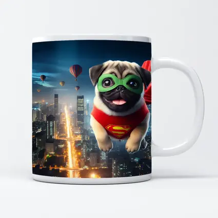 Superhero Pug Flying Over City Night