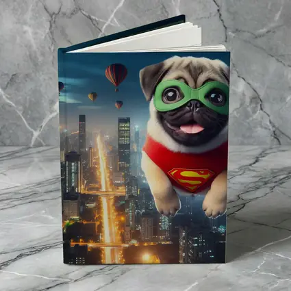 Superhero Pug Flying Over City Night