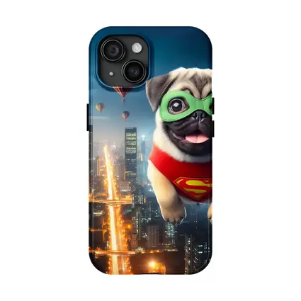 Superhero Pug Flying Over City Night