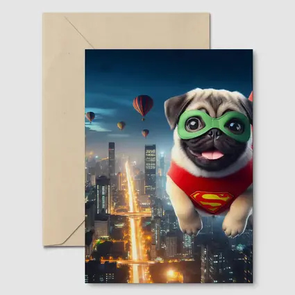 Superhero Pug Flying Over City Night