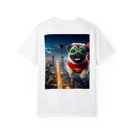 Superhero Pug Flying Over City Night