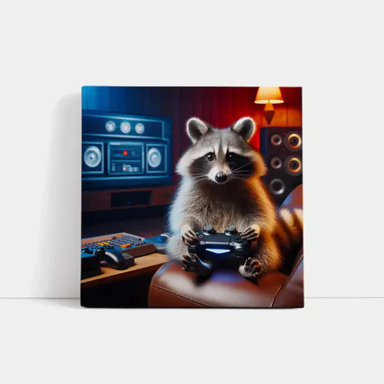 Raccoon Gamer Playing Controller in Gaming Room