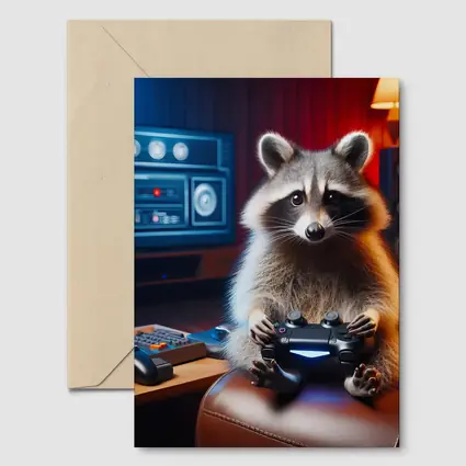 Raccoon Gamer Playing Controller in Gaming Room