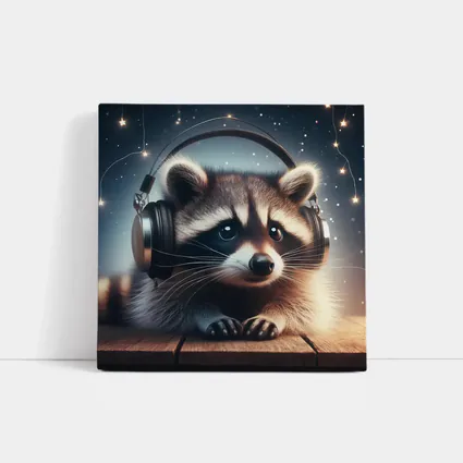 Raccoon Wearing Headphones Starry Night Background