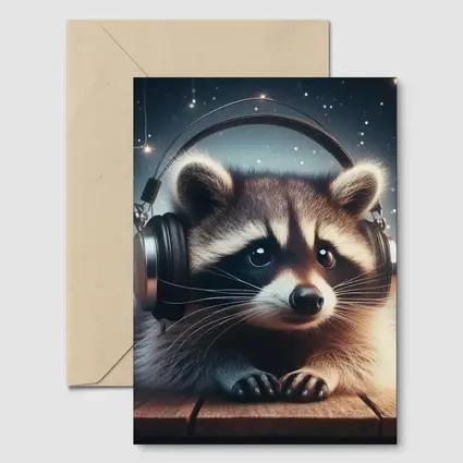 Raccoon Wearing Headphones Starry Night Background