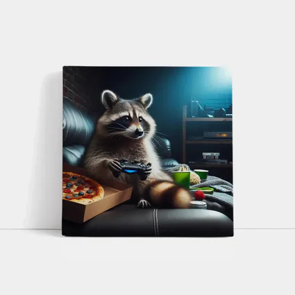 Raccoon Gaming With Pizza Night Scene