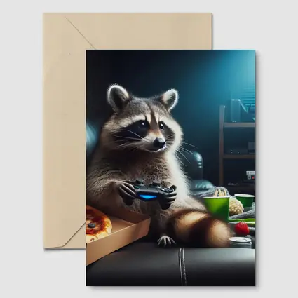 Raccoon Gaming With Pizza Night Scene