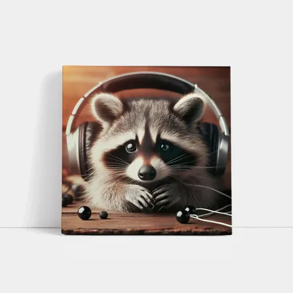 Cute Raccoon With Headphones On Wooden Table