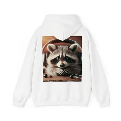 Cute Raccoon With Headphones On Wooden Table