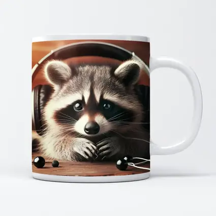 Cute Raccoon With Headphones On Wooden Table