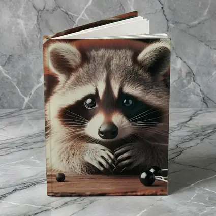 Cute Raccoon With Headphones On Wooden Table