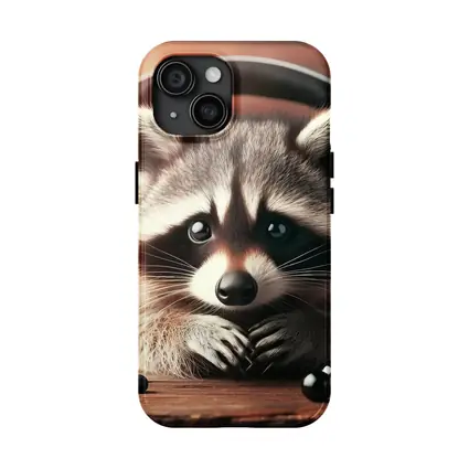 Cute Raccoon With Headphones On Wooden Table