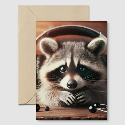 Cute Raccoon With Headphones On Wooden Table