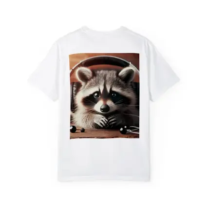 Cute Raccoon With Headphones On Wooden Table