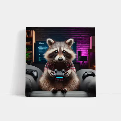 Raccoon Gamer Playing Console in Neon Room