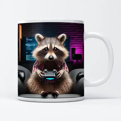 Raccoon Gamer Playing Console in Neon Room