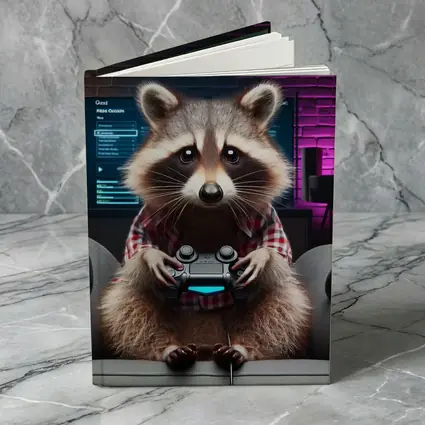 Raccoon Gamer Playing Console in Neon Room