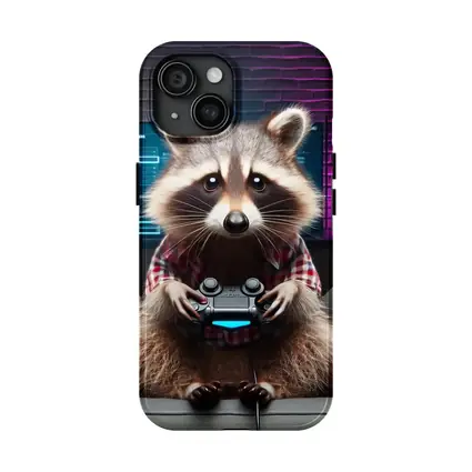 Raccoon Gamer Playing Console in Neon Room