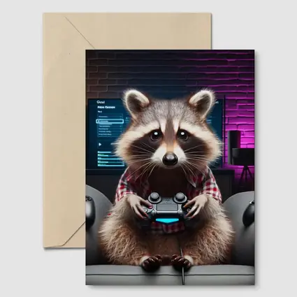 Raccoon Gamer Playing Console in Neon Room