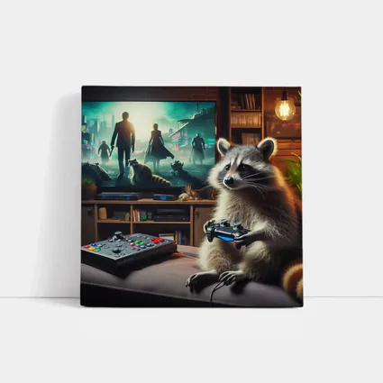 Raccoon Gaming Controller Cozy Living Room