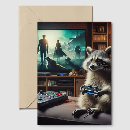 Raccoon Gaming Controller Cozy Living Room