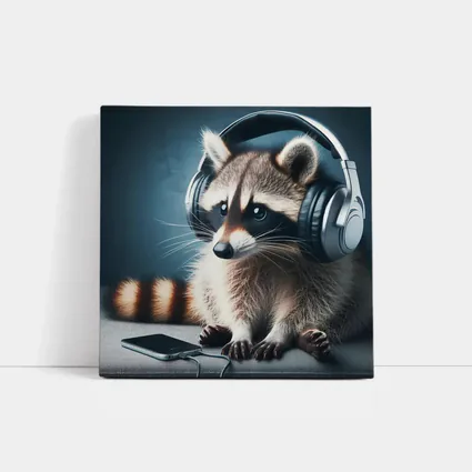 Raccoon Wearing Headphones on Gray Couch