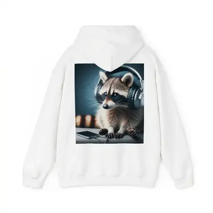 Raccoon Wearing Headphones on Gray Couch
