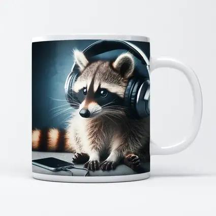 Raccoon Wearing Headphones on Gray Couch